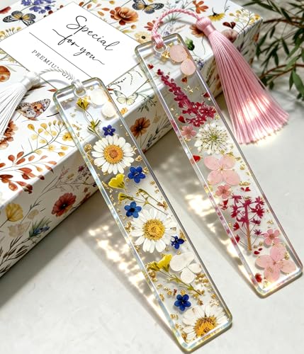 Buleens 2PCS Bookmarks for Women - Yellow Book Marks for Readers Book Lovers Personalized Handmade Dried Flower Resin Bookmark with Tassels Pretty and Aesthetic