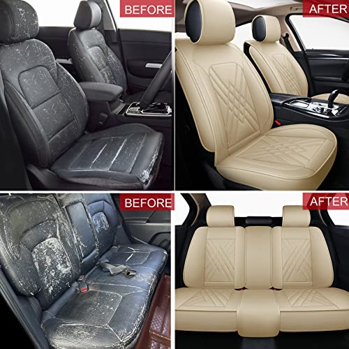 Sanwom Universal Leather Seat Covers Full Set Waterproof Car Seat Protectors, Anti-Slip, Airbag Compatible, Leatherette Automotive Cover For Most Sedans Suv Pick-Up Truck, Beige 5 Pcs #TOP4