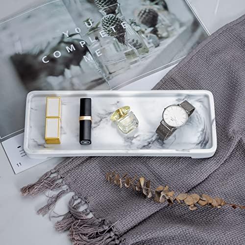 Suanti Vanity Tray, Heavy&Well Made Resin Bathroom Organizer Tray,Random Marble Beauty,Decorative Catchall Toilet Tank Tray Dresser Serving Tray Countertop Tray for Candle,Tissue-31.2*11.5cm White