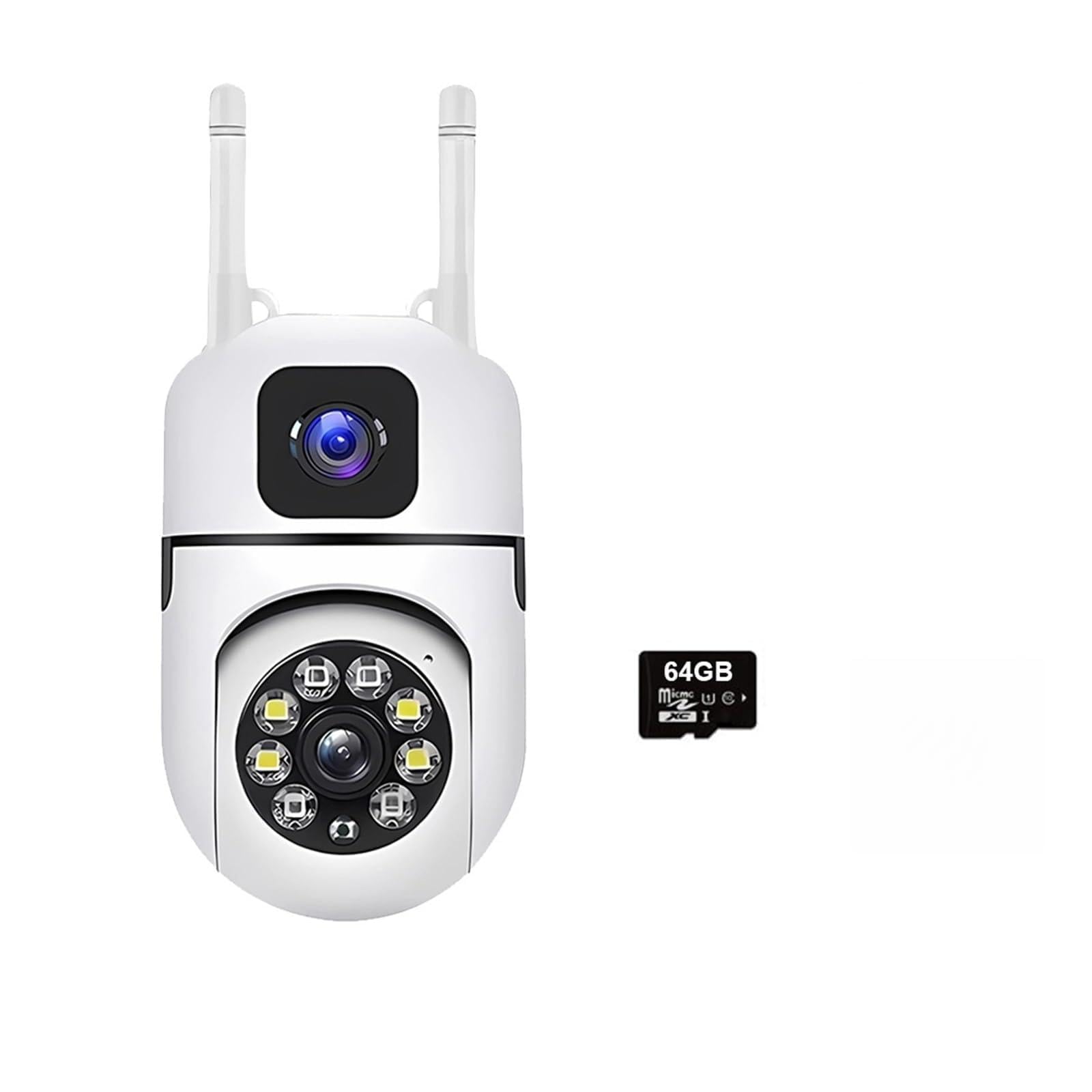 Telecamere di Sorveglianza, Telecamera IP WiFi a doppio schermo con obiettivo, protezione di sicurezza, monitor interno wireless, monitoraggio automatico PTZ, videosorveglianza CCTV(Camara 64GB Card)