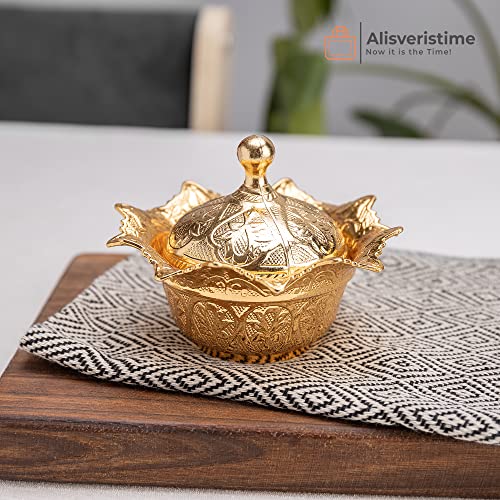 Alisveristime Coated Handmade Brass Sugar Chocolate Candy Bowl Serving Dish With Lid Sugar Container, Sugar Dish With Lid, Salt Bowl, Sugar Holder For Coffee Bar (Gultas Small Bowl) (Gold) #TOP1