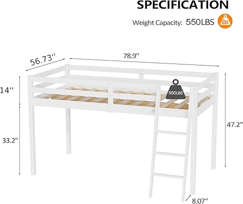 Miniatura 2 de Vingli - Cama junior tipo loft baja con escalera, cama tipo loft de madera blanca de tamaño completo para adultos, niños y adolescentes jóvenes, no