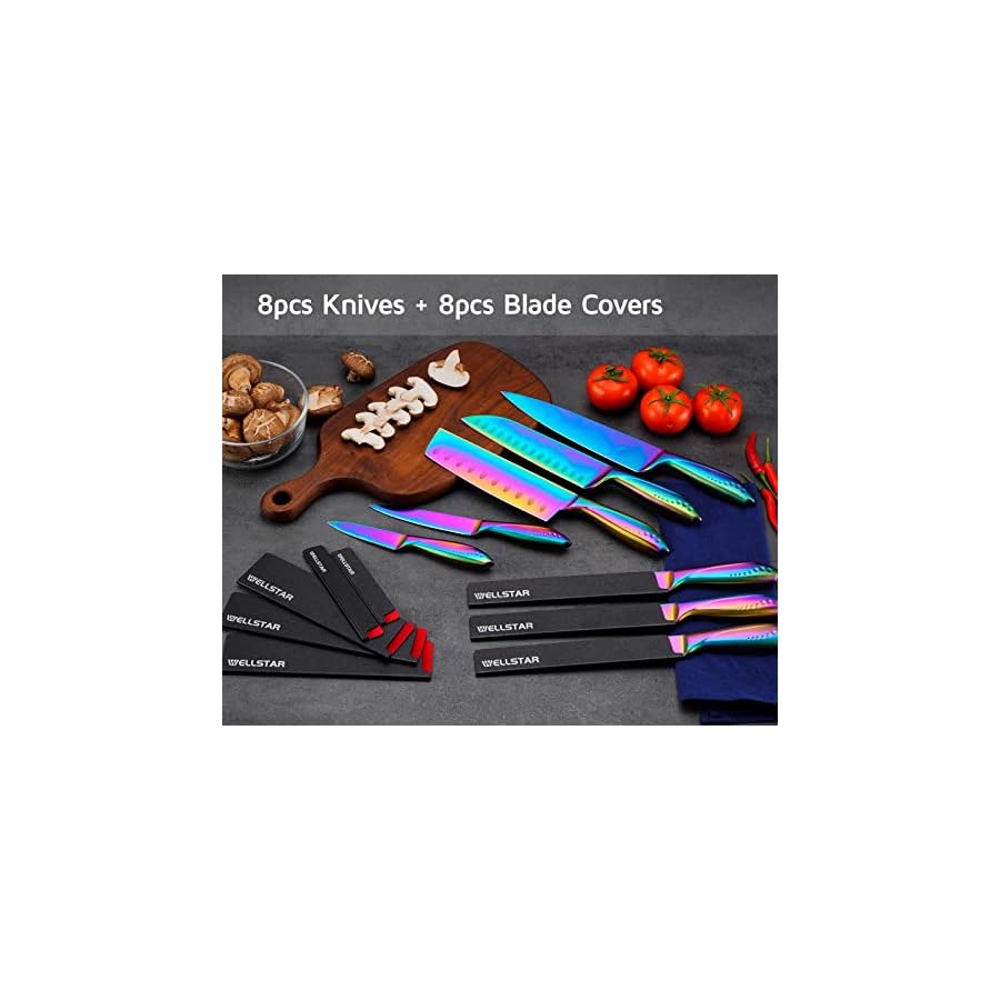 WELLSTAR-Rainbow-Knife-Set-16-Pieces-with-8-Knives-and-8-Blade-Guards-Iridescent-German-Stainless-Steel-Kitchen-Knives-with-Durable-Sheath-Cover-Colorful-Titanium-Coated-Chefs-Cooking-Knife-Set WELLSTAR Rainbow Knife Set 16 Pieces with 8 Knives and 8 Blade Guards, Iridescent German Stainless Steel Kitchen Knives with Durable Sheath Cover, Colorful Titanium Coated Chef’s Cooking Knife Set