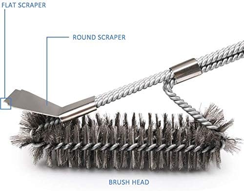 Gelrova BBQ Grill Brush,Barbecue Brush with Scraper,Long Handle Cleaner for Cooking Grates,Racks&Burner,18" Stainless Steel Woven Wire 3 in 1 Bristles BBQ Cleaning Brush for Gas/Charcoal (Black)