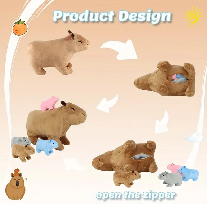 Capybara Plush Toy Set, 13" Mom Capybara with 4 Colorful Baby Plushies Inside, Interactive Hide-and-Seek Stuffed Animal for Kids, Birthday Holiday Christmas Children's Day Gift - Image 3