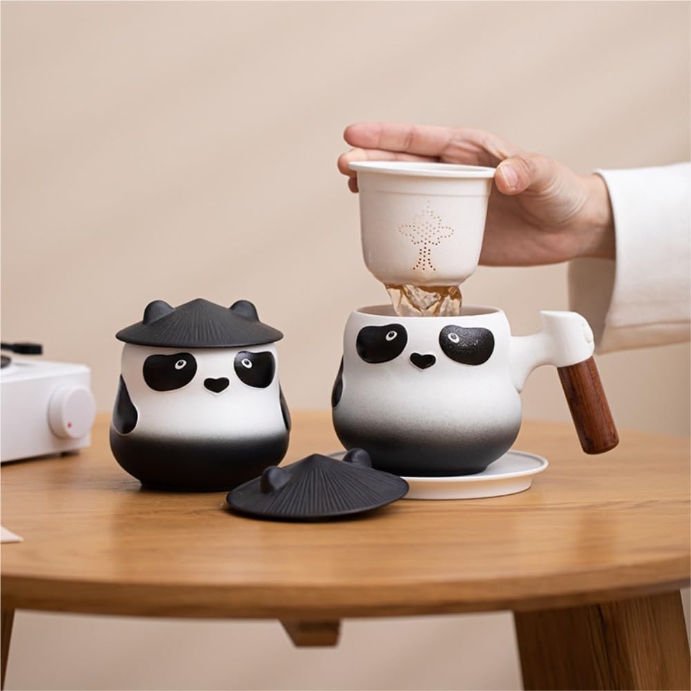 LYGSWDB Teedose, Keramik-Vorratsdose für losen Tee, kreatives Panda-Teeglas, Büro-Teetasse, Kombinationsset, Bürofilter, Teesieb, Tasse, Teedose (E)