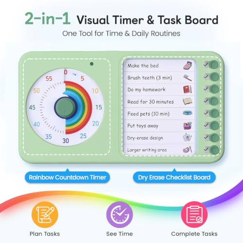 Image of 2-in-1 Visual Timer ADHD with Planning Board, to-Do List, Checklist | 60 Minute Visual Countdown Timer, Visual Schedule Planner & Chore Chart for Kids, Classroom, Home, Homeschool (Green)
