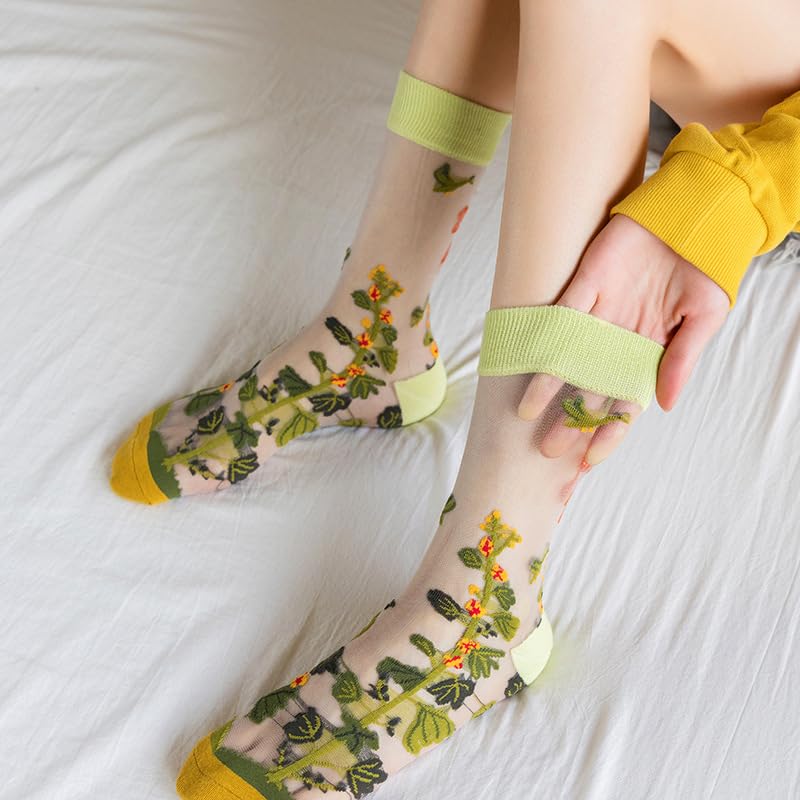 Image of 6 Pairs Women Floral Sheer Socks Elastic See Through Mesh Lace Jacquard Transparent Socks, 5-7.5
