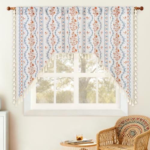 Image of Yinhua Boho Swag Valance Curtains Vintage Linen Valances for Windows Light Filtering Floral Kitchen Valance Rod Pocket Rustic Tassel Window Valances for Bathroom, 60 inch W x 36 inch L, Blue Orange Floral