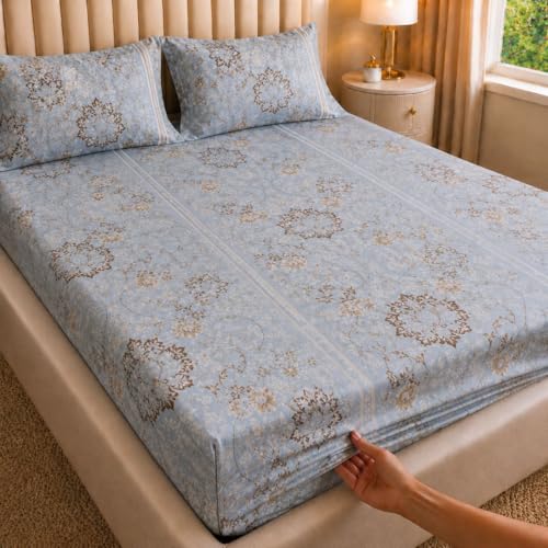 Image of Castiqa Elastic Fitted Supersoft Premium Polycotton 200TC King Size Bedsheets with 2 Pillow Covers (Fits Upto Mattress of 8Inches) (Sky, Full 72x78x8Inch)