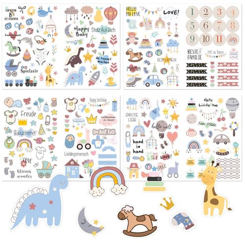 Lot de 4 feuilles d'autocollants pour album photo de bébé - Autocollants pour album photo - Autocollants pour fête prénatale - Livre d'or pour enfants filles et...