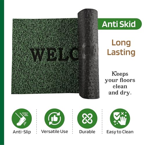 Image of VNQ India Rectangle Welcome Doormat for Home Entrance|Anti Slip & Waterproof Rubber Noodle Mat|Heavy Duty Main Door Mat|Paydan|Chavitti|Paudan|(Green), 38X58 Cm