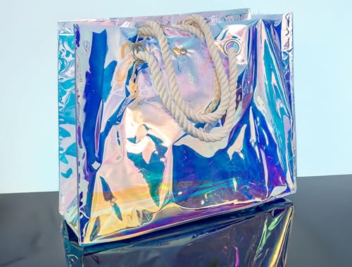 Holographic Beach Tote Bag, Clear Iridescent Design, Rope Handles, Large3