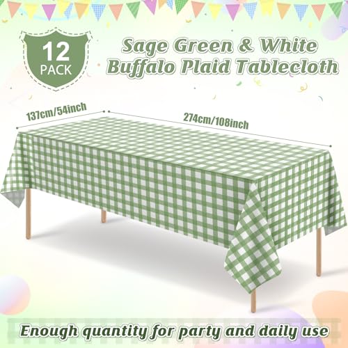 Image of 12Pack Sage Green Plastic Checkered Tablecloth, Premium Decorative Disposable Sage Green Gingham Plaid Table Cloths for Parties, Rectangle Party Table Cover for Picnic Birthday Wedding, 54x108 Inch