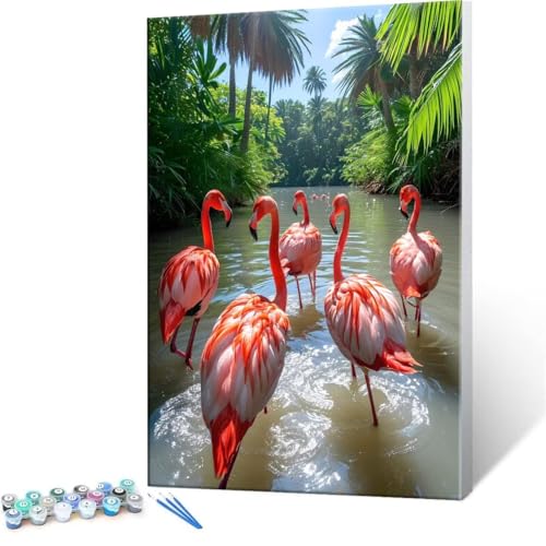 DIY 数字油絵 フラミンゴ羽 Paint by Numbers 塗り絵 キット 大人 数字ぬりえ 子供の用数字塗り絵キャンバスクラフト数字 キャンバスアート ブラシとアクリル絵の具が入, インテリア リビング装飾, 女性へのギフト 60x80cm (フレ