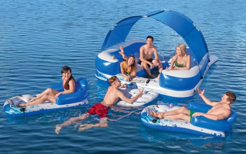 Image of Bestway CoolerZ Tropical Breeze III Inflatable 8-Person Floating Island with UV Sun Shade and Connecting Lounge Rafts