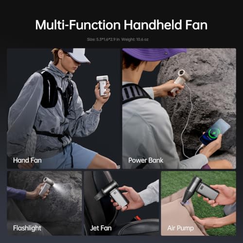 Image of JISULIFE Portable Handheld Fan Ultra2 9000mAh Max 25 Hrs, 3 IN 1, 100 Speed | Rechargeable Turbo Fan 18W Power Bank with Flashlight, Metal Shell Multi-Function Travel Essentials Gift for Women Men-Grey