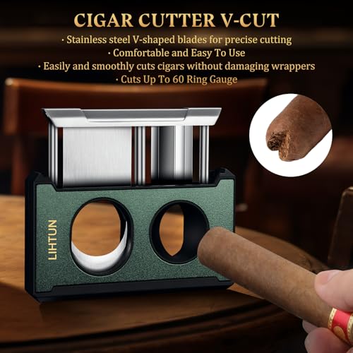 LIHTUN Cigar Cutter Guillotine 4 in 1 One-Touch Straight Cut V Cutter with Cigar Punch Cigar Draw Enhancer, Gift for Men, Stainless Steel Double Blade Cigar Clippers, Cuts Up to 60 Ring (Green)