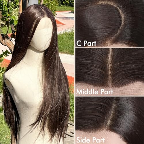 WIGNEE 13x4 Synthetic Lace Front Wig Silky Long Straight Wig Pre-Plucked Kanekalon Hair Glueless Lace Front Wigs with Natural Hairline Free Part Lace Front Wig Dark Brown Wigs for Black Women - Image 3