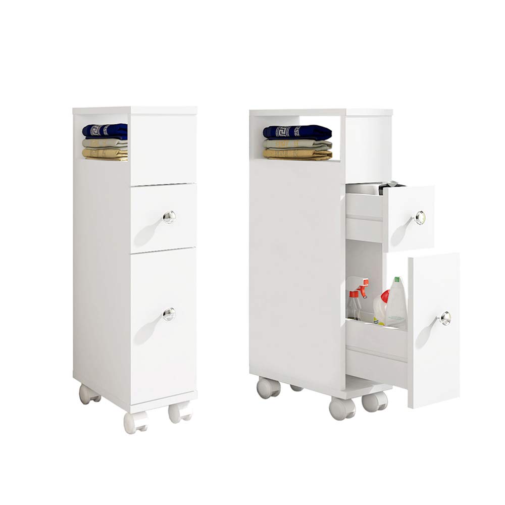 FeeniceTrolley with Four Wheels Alcove Trolley with 2 Drawers Bathroom Cabinet Drawer Container Kitchen Shelf Bathroom Storage White 33 × 15 × 66.5 cm [2 PCS]
