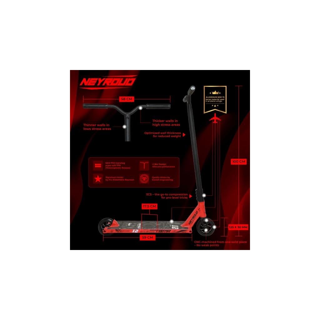 NKD Trottinette Matis Neyround | Roulements ABEC-9 haute performance | Guidon 360° pour Freestyle | Alliage d'aluminium 6061 durable