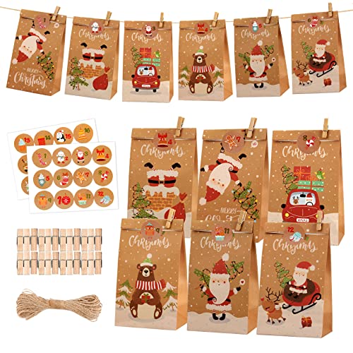 Mture 24 Calendario de Adviento para rellenar, DIY Calendario de Adviento bolsas con 24 pegatinas de números, bolsa de regalo para Navidad, bolsas de papel kraft para hombres, niñas y niños Cover