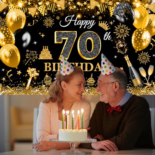 Image of Avezano Happy 70th Birthday Banner for Men Black and Rose Gold Glitter Balloon 70 Birthday Party Backdrop 70 Year Old Bday Photo Backdrop Party Supplies 70.8 x 43.3 Inch