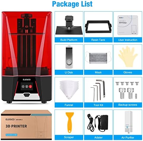 ELEGOO Resin 3D Printer, Saturn 2 8K 3D Printer Upgraded UV Light with 10" 8K Monochrome LCD, Air Purifier and Screen Protector, 8.62x4.84x9.84 inch Build Volume
