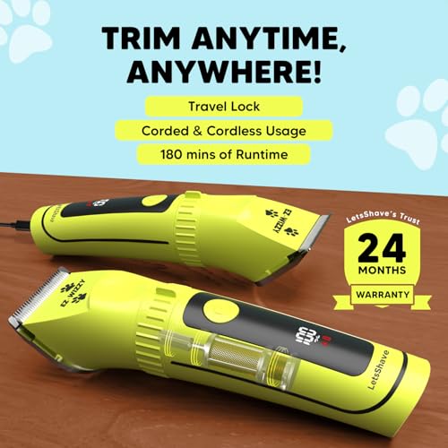 Image of LetsShave EZ-WIZZY Pet Trimmer Pro for Dogs & Cats | Quiet Grooming Clippers | Ceramic Blades | 5-Level Adjustable Blade + 4 Combs | Cordless & Corded | 180 Min Runtime | LED Display | USB-C Charging