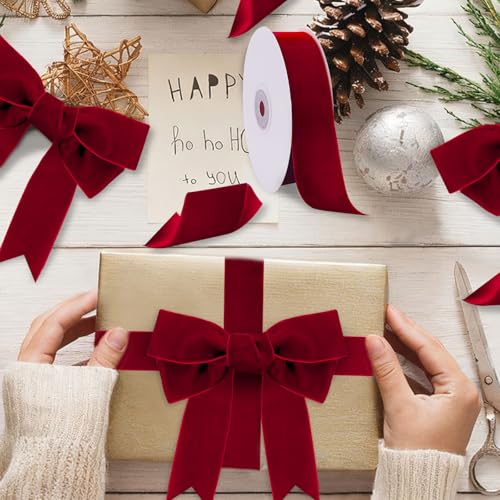 Image of Tsorode 10 Yards Black Velvet Ribbon 1 Inch for Christmas Tree,Velvet Christmas Ribbon for Gift Wrapping Crafts Bow Wreath Holiday Decorations (Red, 1 1 /2 inch-10 Yard)