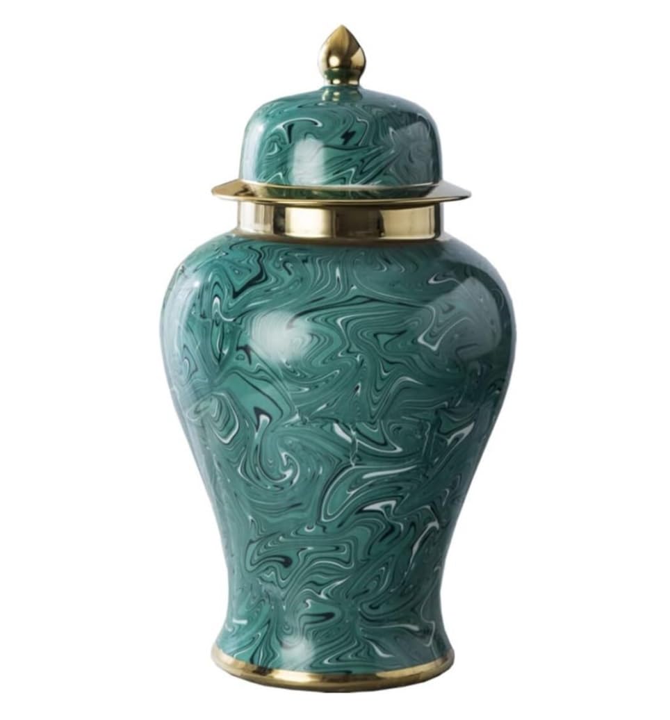 SBJKLYRN ceramic jar， Green Ginger Jar with Gold Trim Porcelain Ginger Jar Vase Temple Jar with Lid Decor Ceramic Decorative Jars Temple Jar(19 * 37cm)
