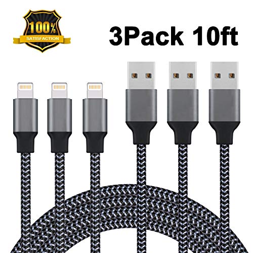 Sundix iPhone Charger, Lightning Cable 3Pack 10Ft Nylon Braided Charging Cord USB Cable