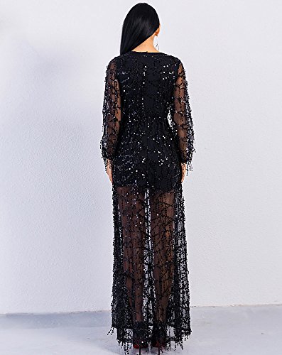 Miss ord Women Deep V Neck Long Sleeve Split Sequined Maxi Party Cocktail Dress (Large, Black)