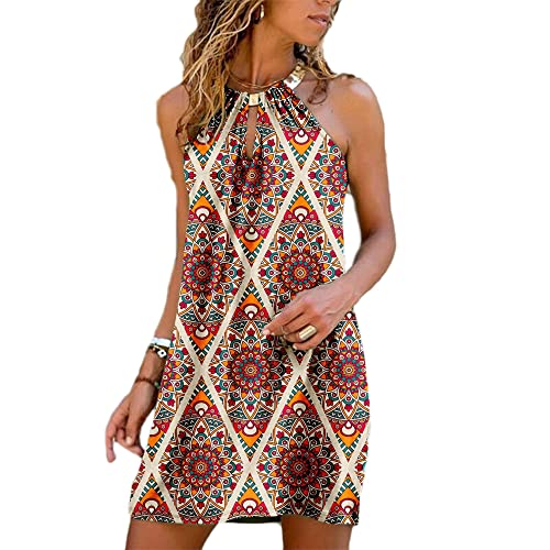 Soulolo Damen Sommerkleid Kurz Rundhals Ärmellos Kleider Neckholder Strandkleid Knielang Boho Strandkleid T-Shirt Bluse Blusenkleid Sexy Elegant Cover