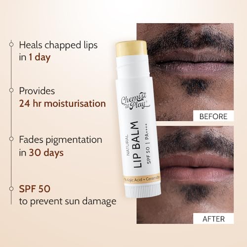 Image of Chemist At Play Natural Lip Balm with SPF 50 PA++++ | 1% Kojic Acid & Ceramides | Lip balm for Dark and Dry Lips | Moisturising Lip Balm | Brightens Dark Lips | For Men & Women | 4.5 g