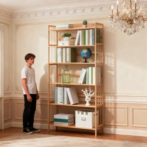 Estantería multifuncional de bambú y madera natural con 6 estantes abiertos 3