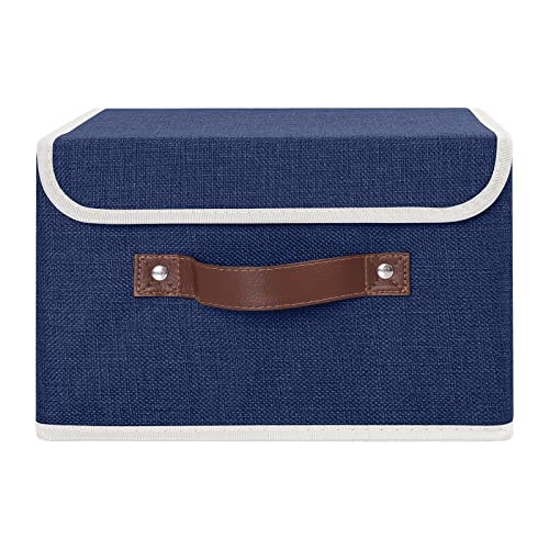 Anminy Storage Bin With Lid Storage Boxes With Pu Leather Handles Pp Plastic Board Decorative Foldable Lidded Cotton Linen Fabric Home Cubes Baskets Closet Organizer Container - Blue, Small Size #TOP1