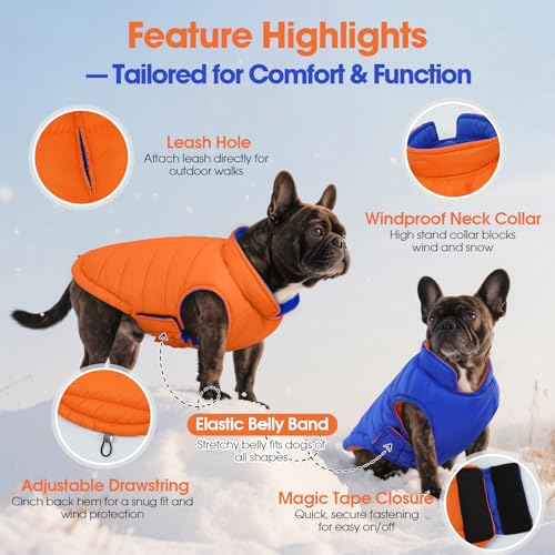 QBLEEV Reversible Dog Coat for Medium Dogs, Waterproof Windproof Winter Jacket Keeps Dogs Warm in Snow, Adjustable Hook & Loop Lightweight Dog Puffer Vest, Orange, L – Fits French Bulldog - Image 4