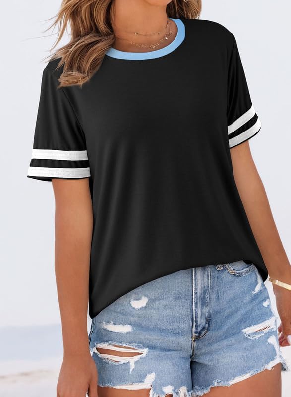 SHEWIN Women's Fashion Casual Crewneck Color Block T Shirts Short Sleeve Summer Tops Tees Slim Fit - Image 2