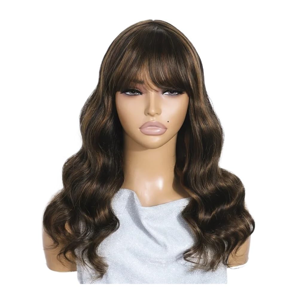 Human Hair Peruka z ludzkimi włosami z grzywką, bez koronki, do noszenia i noszenia, bez kleju, gęstość 180, dla kobiet przedłużanie włosów (22 cali)