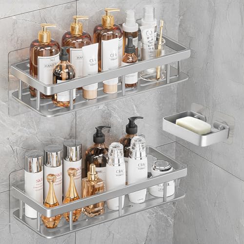 Lista de Estantes para ducha comprados en linea. 49 VIDA4U 3 Piezas Organizador de Baño, Repisas para Ducha, Estante de Baño de Aluminio con Adhesive Ganchos y Jabonera, Fácil Instalación, Organizador de Regadera(Plata)