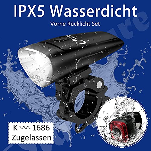 Oture Éclairage Vélo Étanche, LED Ensemble D'éclairage de Vélo, IPX5 Étanche et Super Lumineux Phares de Vélo Avant et Arriere, Eclairage Avant pour Velo Rechargeable USB avec 2 Modes D'éclairage - Image 3