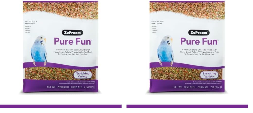 ZuPreem Pure Fun Bird Food for Small Birds, 2 lb Bag | Powerful Blend of Seeds, Natural FruitBlend Pellets, Vegetables, Fruit for Parakeets, Budgies, Parrotlets, Canaries, Finches (Pack of 2)