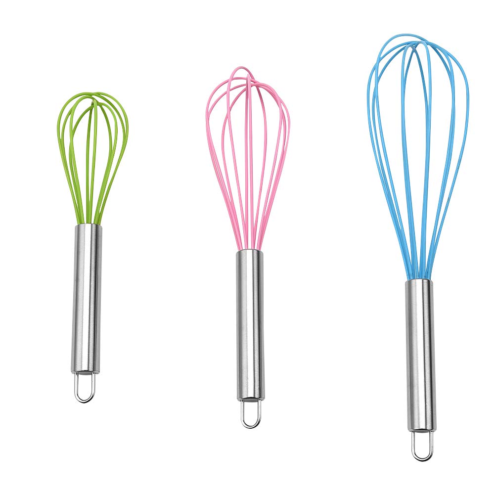 Fruste in silicone per cucinare, confezione da 3 fruste colorate in acciaio inox e silicone, rivestimento antiaderente per latte e uova per cucinare frullare frullare battere mescolare la cottura