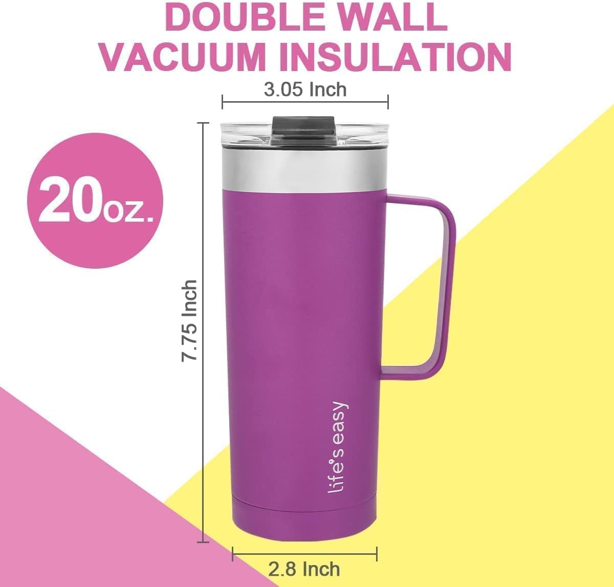 Life's Easy 20oz Stainless Steel Mug w/Handle - Double Wall Insulated Travel Tumbler w/Flip Lid - Leak Proof Tumbler-Thermal Cup for Coffee, Tea & More - Keep Hot & Cold Drinks (Purple, 20 oz) - Image 2