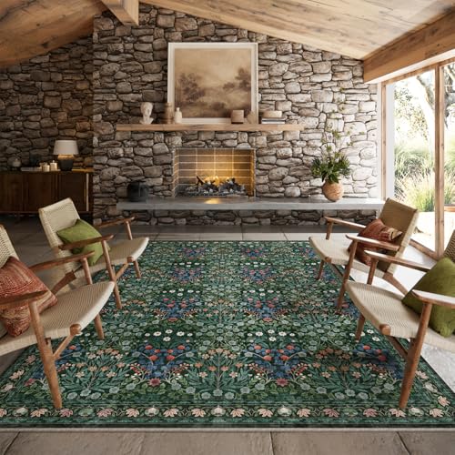 Image of Floral Dark Green Area Rugs 8x10, Soft Washable Non-Slip Boho Forest Large Rug for Living Room, Bedroom, Farmhouse Dining Room & Office