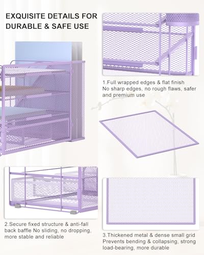 Image of WALI Desk File Organizer, 4 Tier Desktop Paper Letter Tray Organizer with Drawer and 2 Pen Holders, Office Desk Accessories & Workspace Organizers for Office, Home Supplies(DO005DH-V), 1 Pack, Purple