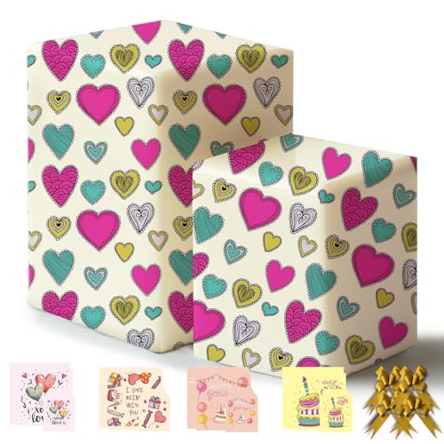 Colorful Heart Happy Birthday Wrapping Paper 43% Bigger 85 * 60cm 4 Sheets 4 Bows 4 Cards 4 Envelopes 4 Tags Gift Wrap Pack for Her Girls Mum Wife Sister Daughter Mothers day