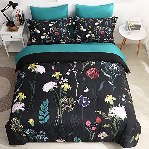 Jeyfull Black Flower King Size Comforter Set Bed In Bag 7 Piece Colorful Floral Leaves Bedding Comforter Set With Sheets (1 Comforter, 2 Pillow Shams, 1 Flat Sheet, 1 Fitted Sheet, 2 Pillowcases) #TOP2