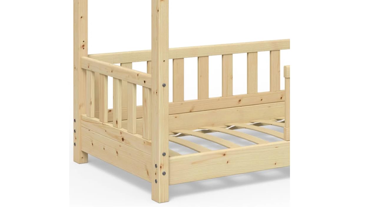 Łóżko dziecięce typu Domek z barierkami ochronnymi - Uniwersalny wzór dla chłopców i dziewcząt - Wykonane z naturalnego litego drewna sosnowego - 80x160 cm